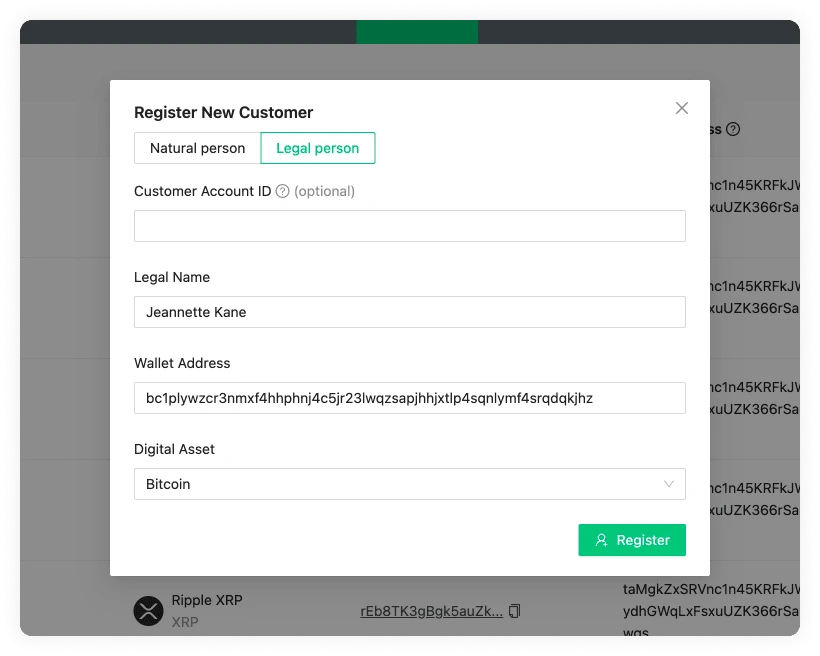 Address Book Register A Customer Legal Person Modal