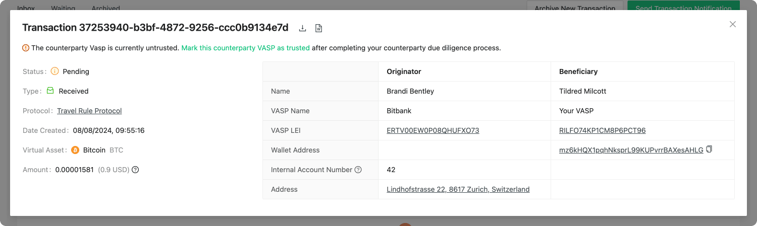 Transactions Inbox Untrusted VASP Transaction Details