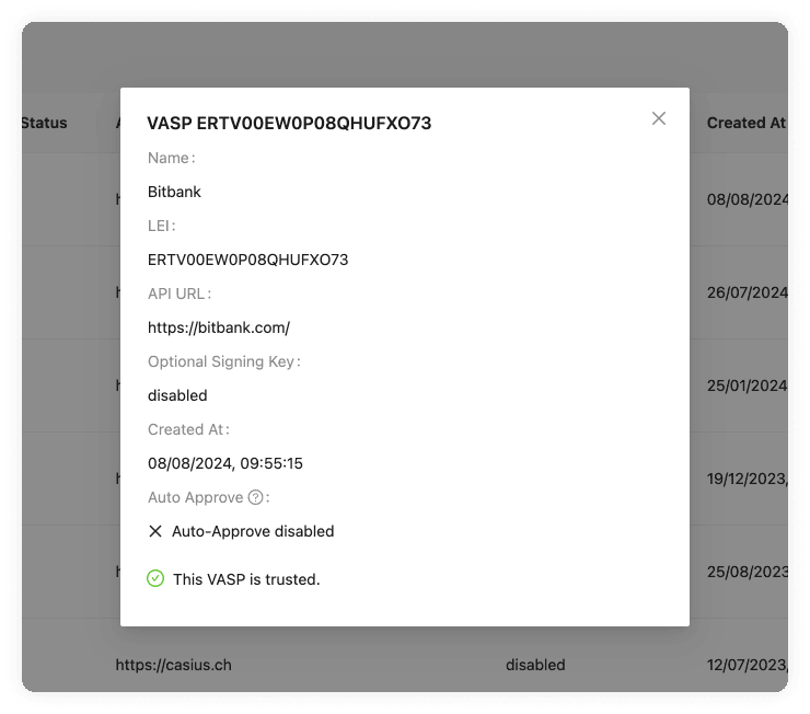 Counterparty VASP Untrusted VASP Details Approved VASP