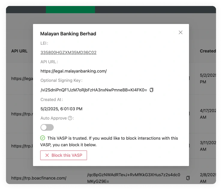 Counterparty VASP Untrusted VASP Details Approved VASP