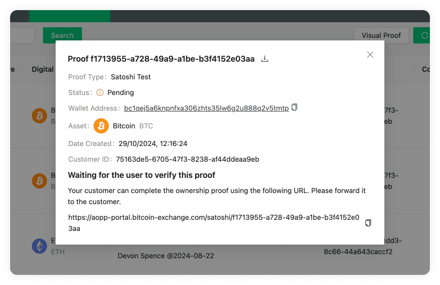Satoshi Test Link Modal Pending