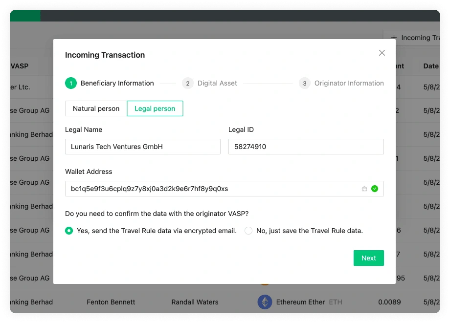 Incoming Transaction Beneficiary Legal Name