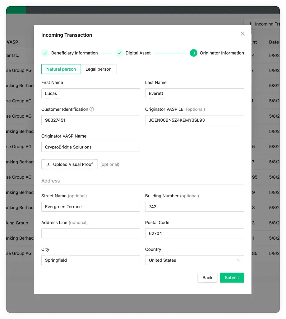 Incoming Transaction Originator Information Legal Name