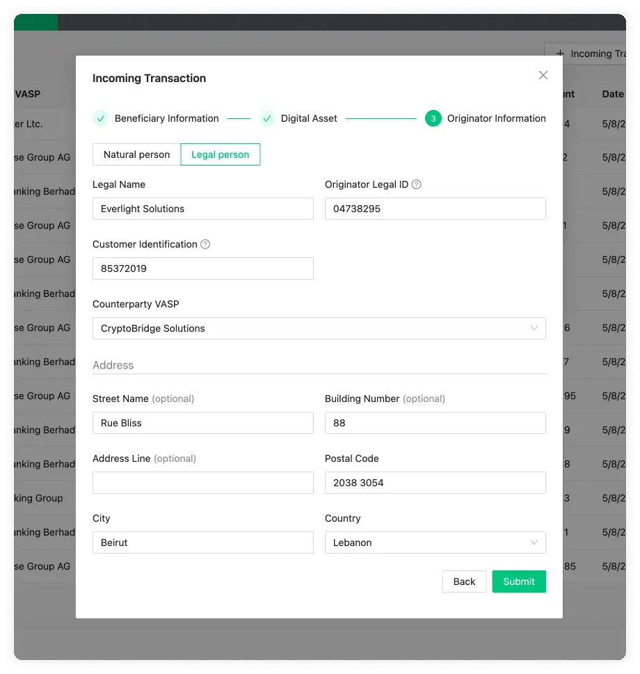 Incoming Transaction Originator Information Legal Name
