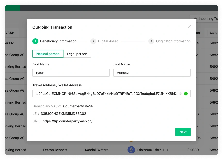 Outgoing Transaction Beneficiary TRP