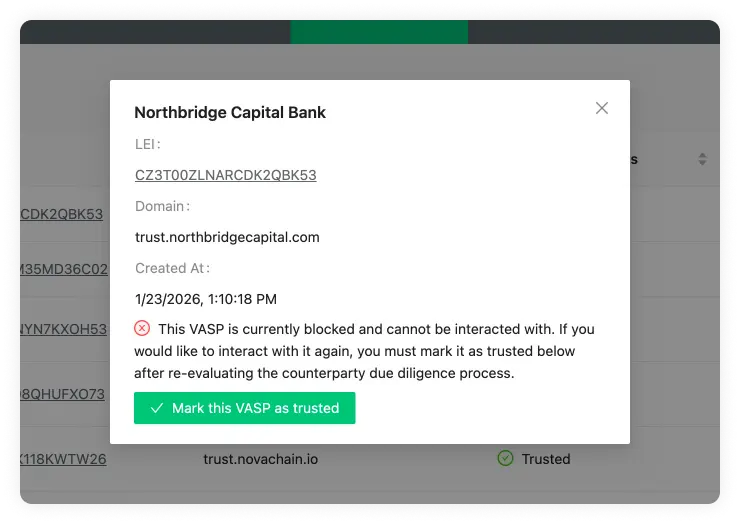 Counterparty VASP Untrusted TRUST VASP Details VASP