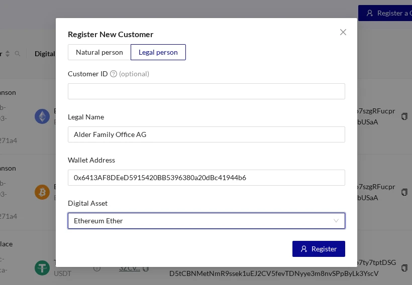 Address Book Register A Customer Legal Person Modal