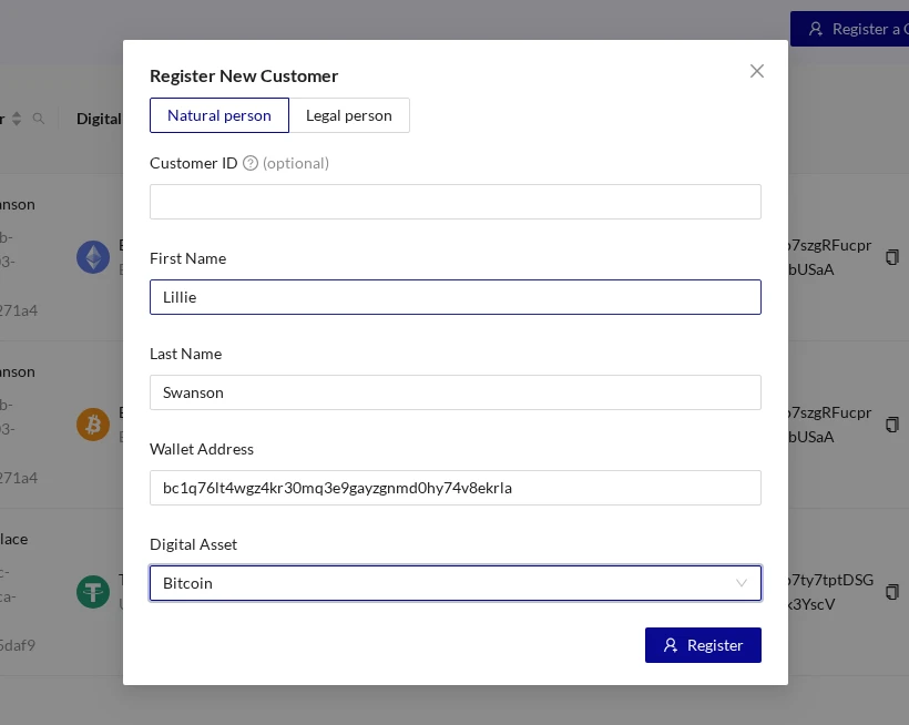 Address Book Register A Customer Natural Person Modal