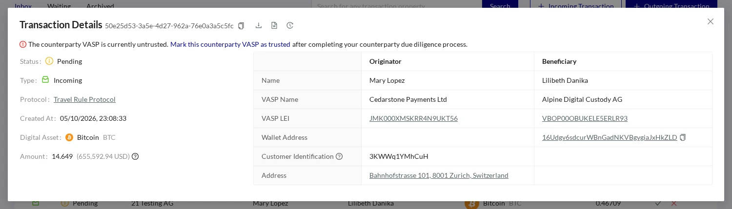 Transactions Inbox Untrusted VASP Transaction Details