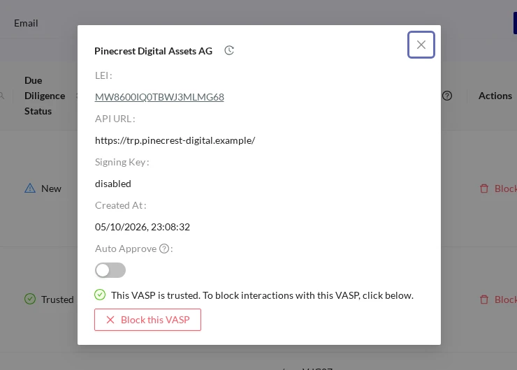 Counterparty VASP Untrusted VASP Details Approved VASP