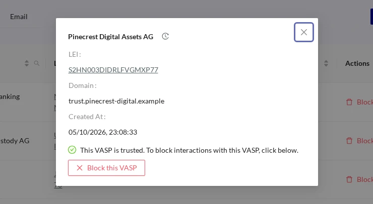 Counterparty VASP Trusted TRUST VASP Details