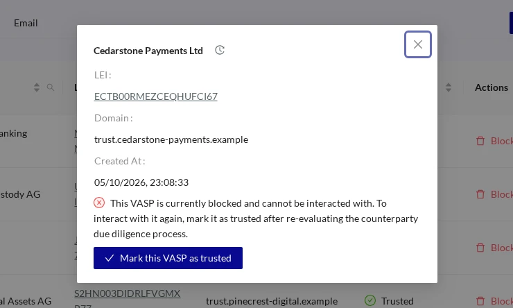 Counterparty VASP Untrusted TRUST VASP Details VASP