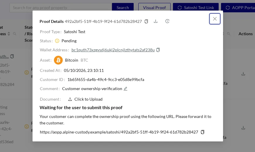 Satoshi Test Link Pending Modal