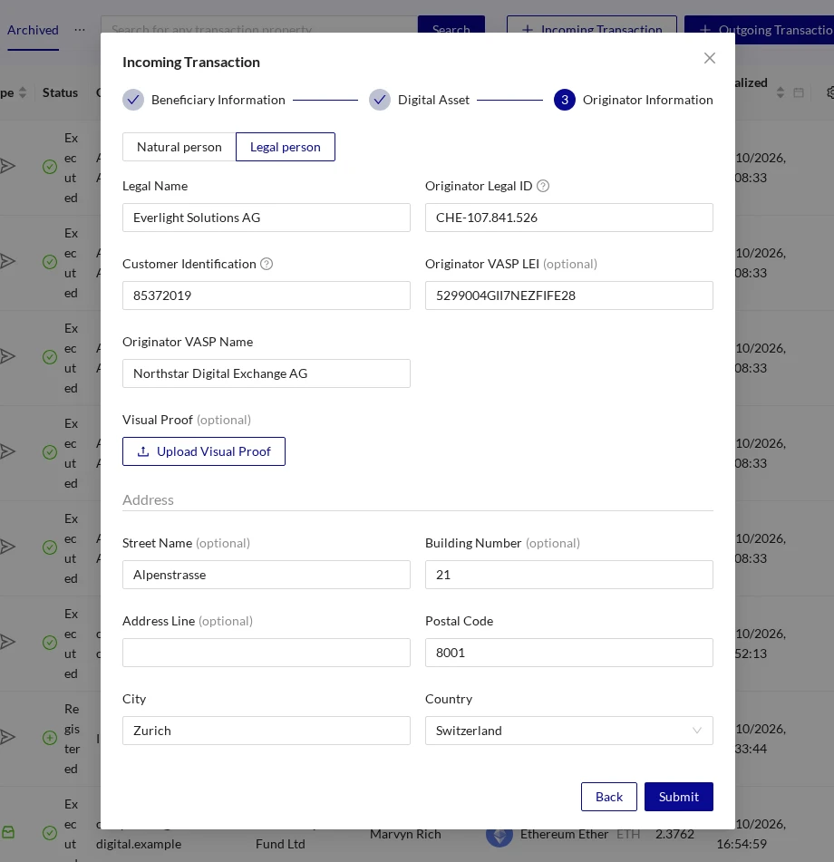 Incoming Transaction Originator Information Legal Name