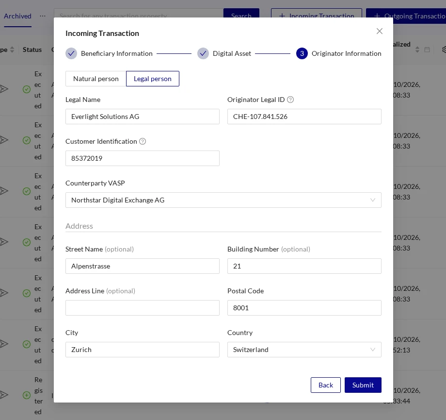 Incoming Transaction Originator Information Legal Name