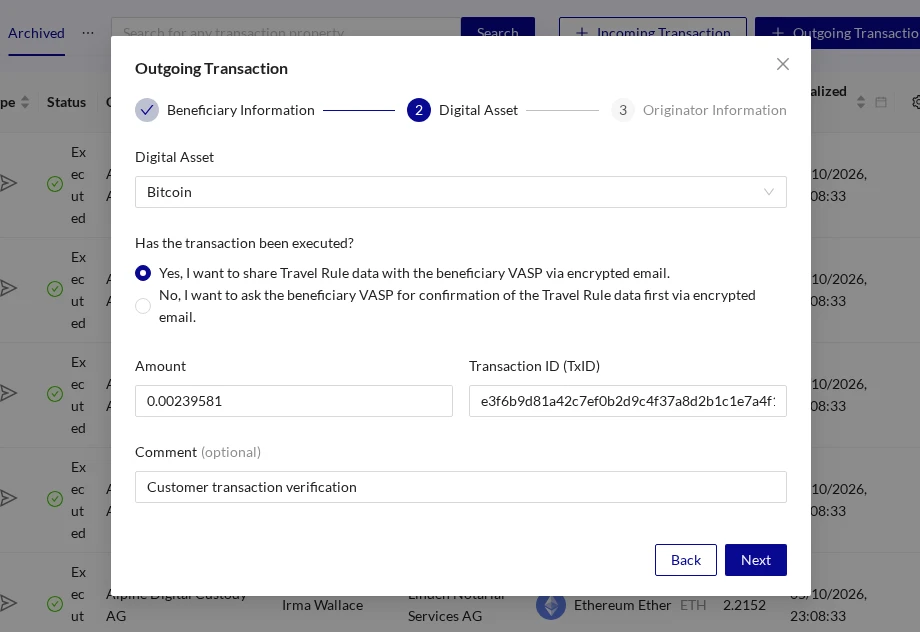Outgoing Transaction Digital Asset Email Yes